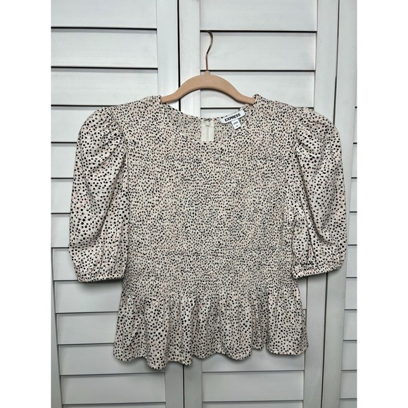 Express Polka Dot Puff Sleeve Linen Blend Smocked Peplum Top Women's Size Medium - Picture 1 of 8
